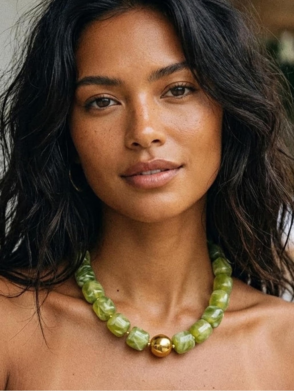 iNatural Green Jade Beaded Necklace | Gold Accent Statement Necklace | Minimalis